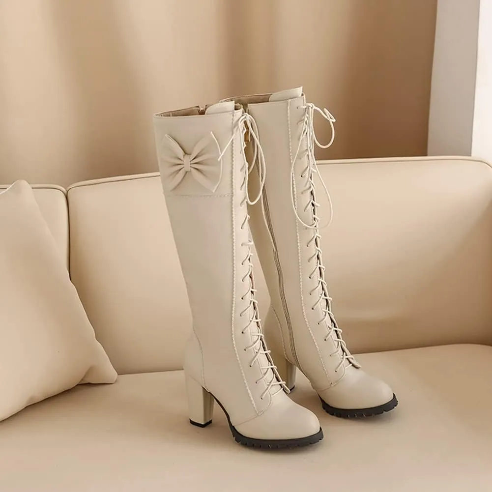 MRKEWUNEY Womens Cute Lolita Knee High Boots Lace Up Chunky High Heel Boots with Bow
