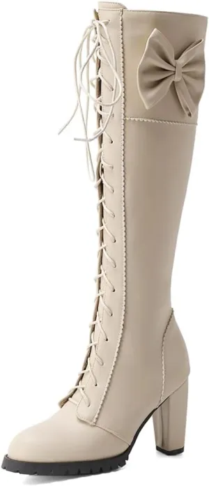 MRKEWUNEY Womens Cute Lolita Knee High Boots Lace Up Chunky High Heel Boots with Bow