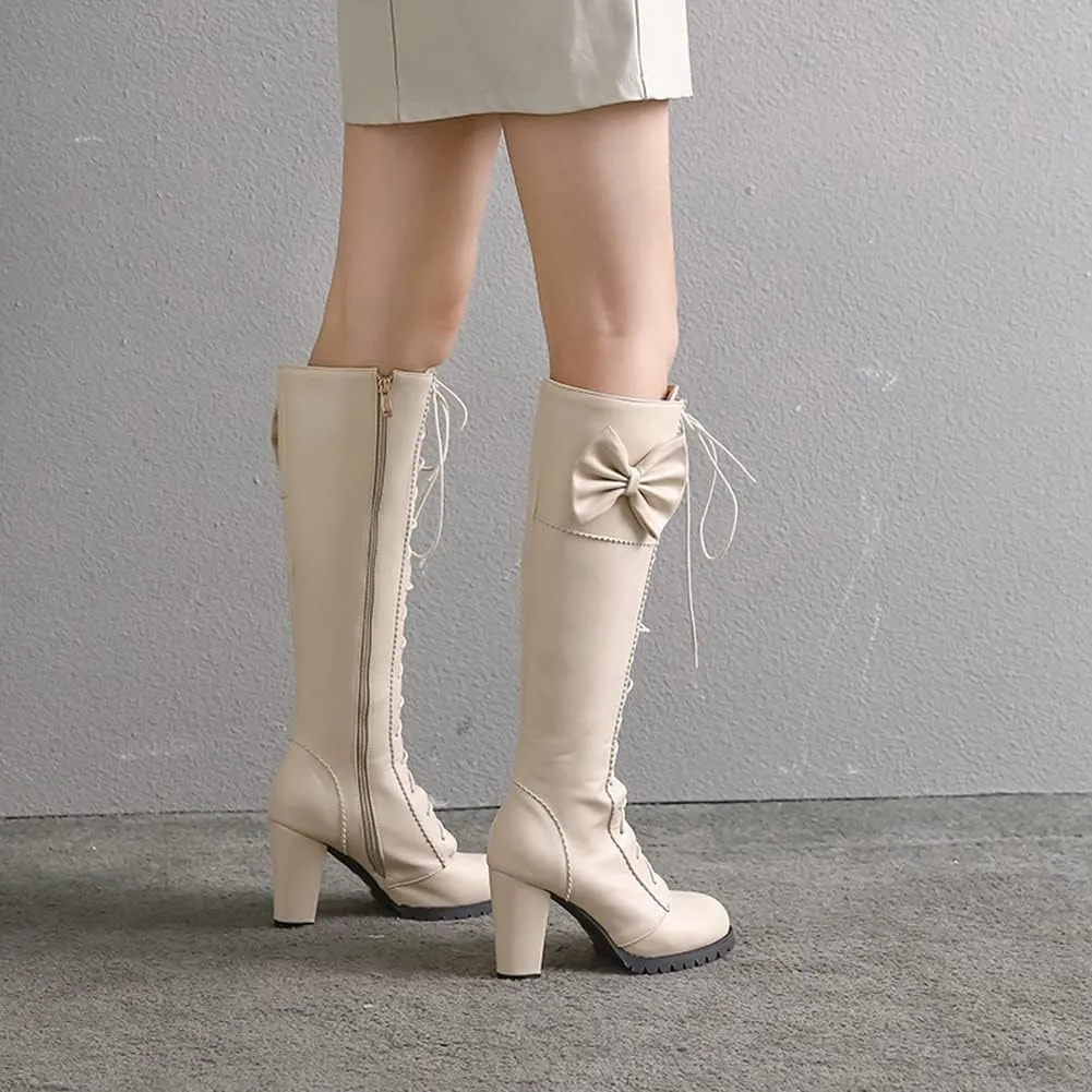 MRKEWUNEY Womens Cute Lolita Knee High Boots Lace Up Chunky High Heel Boots with Bow