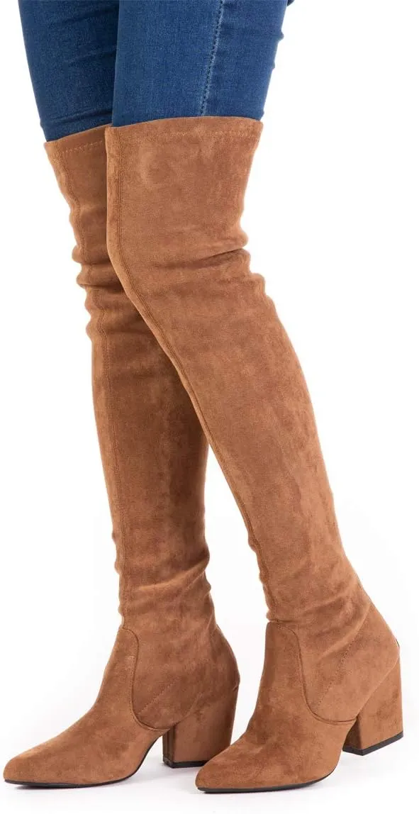 Mtzyoa Thigh High Block Heel Boot Women Pointed Toe Stretch Over The Knee Boots