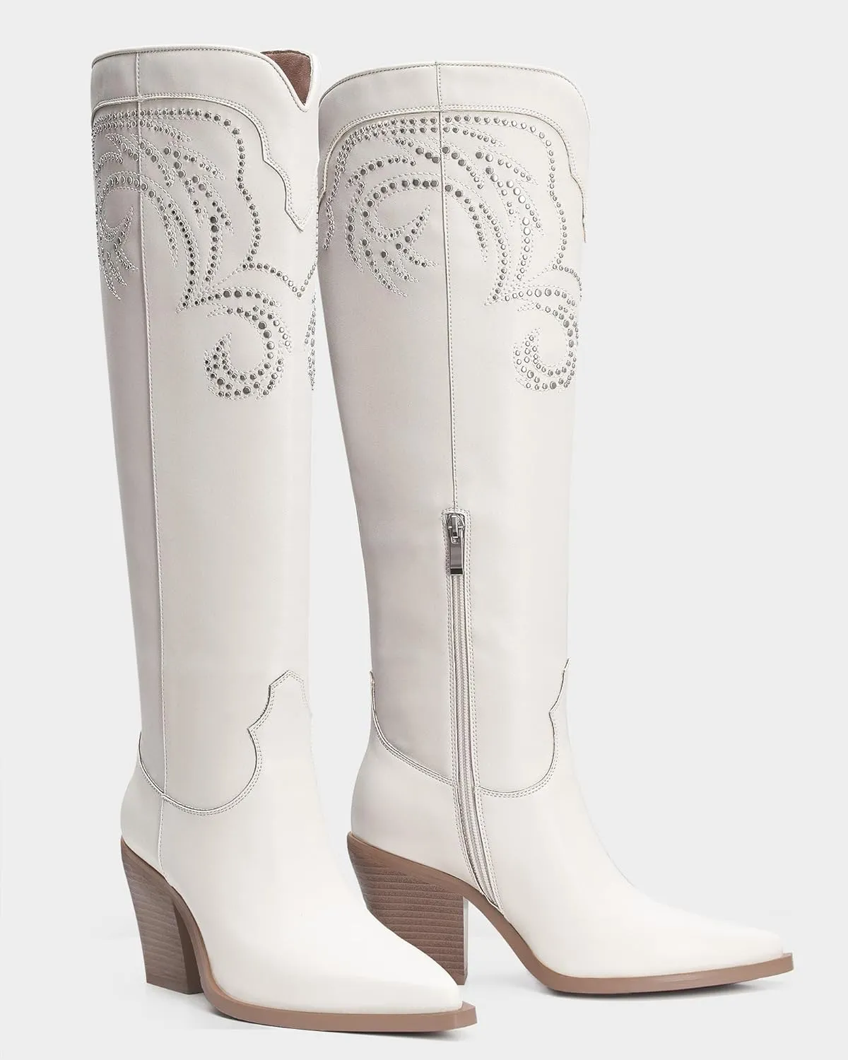 MUCCCUTE Cowgirl Boots Women Cowboy Knee High Boots Pointed Toe Chunky Heel Suede and Faux Leather Botas with Stud Embroidered