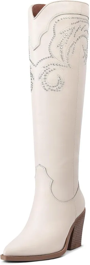 MUCCCUTE Cowgirl Boots Women Cowboy Knee High Boots Pointed Toe Chunky Heel Suede and Faux Leather Botas with Stud Embroidered