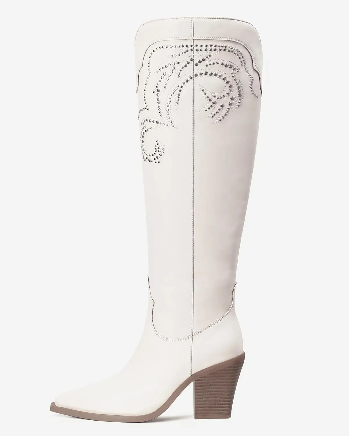 MUCCCUTE Cowgirl Boots Women Cowboy Knee High Boots Pointed Toe Chunky Heel Suede and Faux Leather Botas with Stud Embroidered
