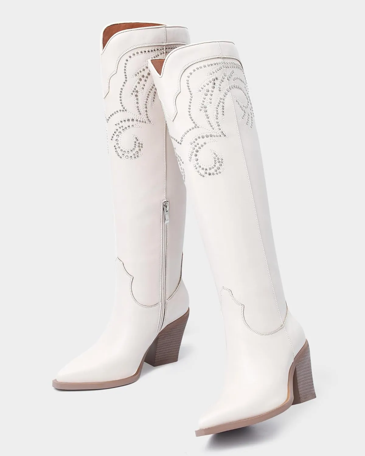 MUCCCUTE Cowgirl Boots Women Cowboy Knee High Boots Pointed Toe Chunky Heel Suede and Faux Leather Botas with Stud Embroidered