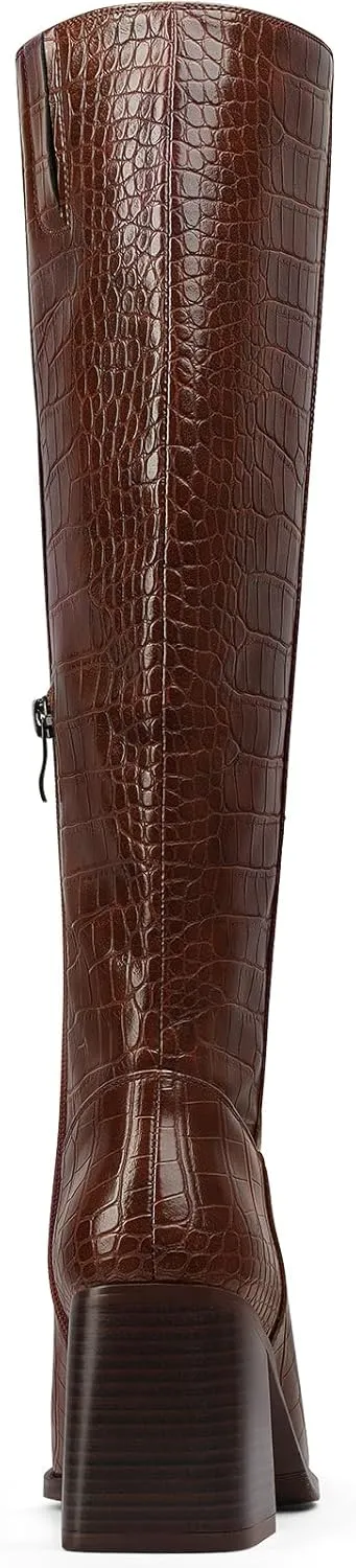 MUCCCUTE Knee High Boots for Women - Square Toe Chunky Block Heel Boots with Side Zipper Pull On Tall Boot