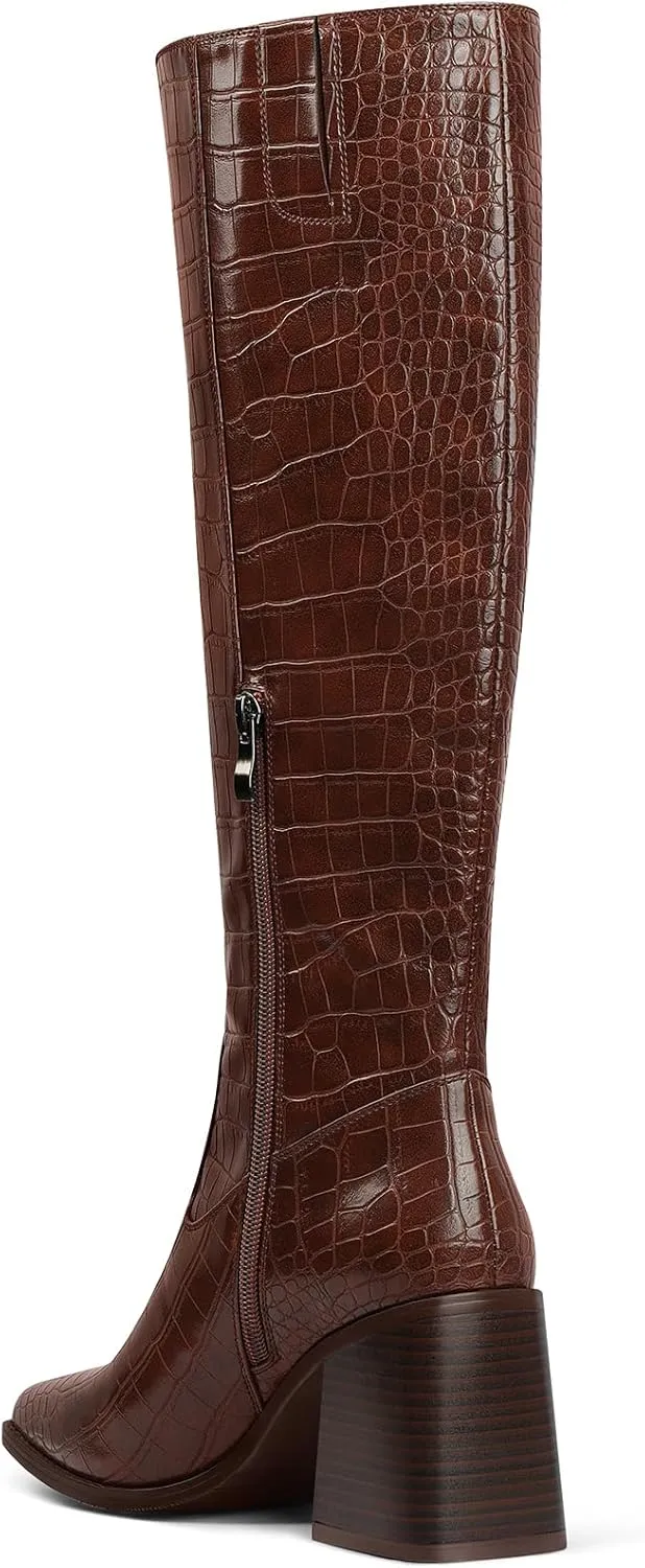 MUCCCUTE Knee High Boots for Women - Square Toe Chunky Block Heel Boots with Side Zipper Pull On Tall Boot