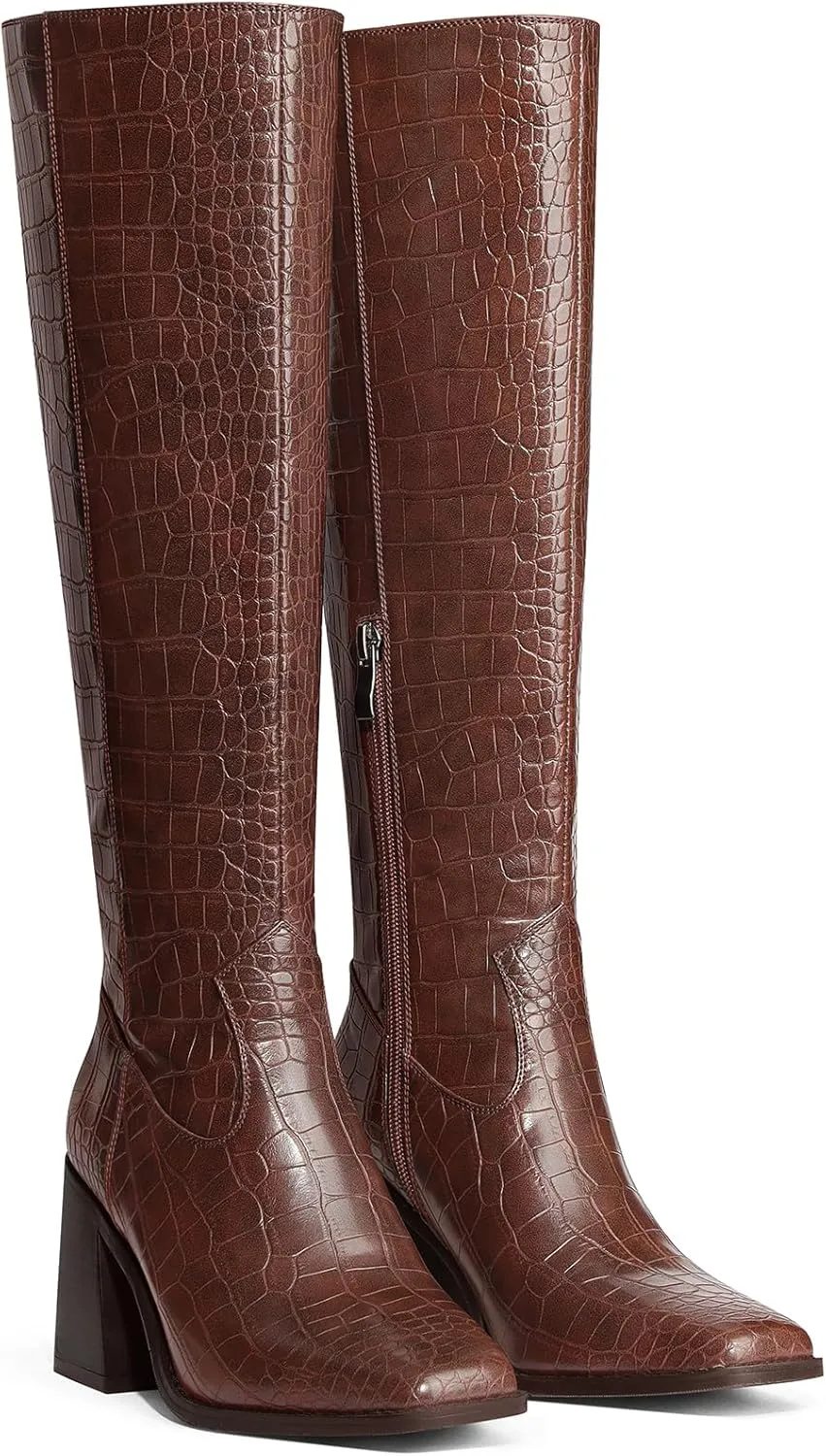 MUCCCUTE Knee High Boots for Women - Square Toe Chunky Block Heel Boots with Side Zipper Pull On Tall Boot