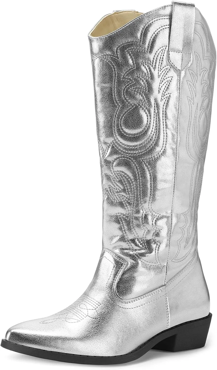 mysoft Women's Cowboy Boots Mid Calf Cowgirl Embroidered Western Pointed Toe Chunky Heel Pull On Knee High Boots