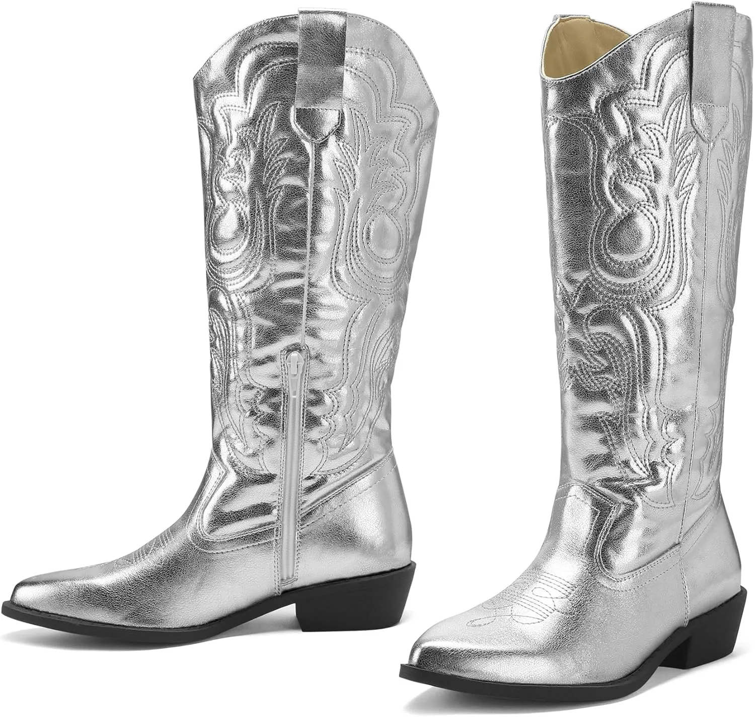 mysoft Women's Cowboy Boots Mid Calf Cowgirl Embroidered Western Pointed Toe Chunky Heel Pull On Knee High Boots
