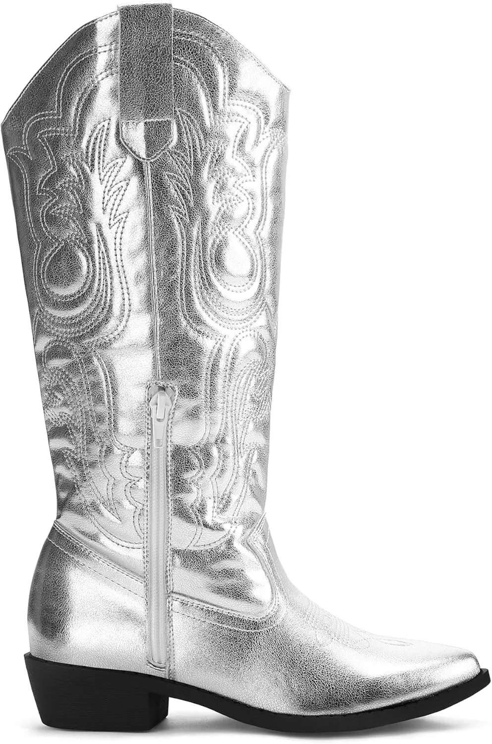mysoft Women's Cowboy Boots Mid Calf Cowgirl Embroidered Western Pointed Toe Chunky Heel Pull On Knee High Boots