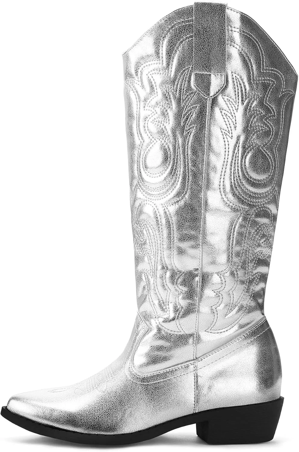 mysoft Women's Cowboy Boots Mid Calf Cowgirl Embroidered Western Pointed Toe Chunky Heel Pull On Knee High Boots