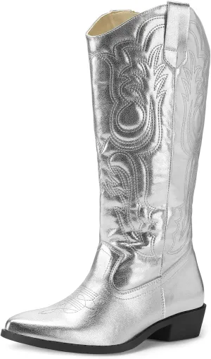 mysoft Women's Cowboy Boots Mid Calf Cowgirl Embroidered Western Pointed Toe Chunky Heel Pull On Knee High Boots