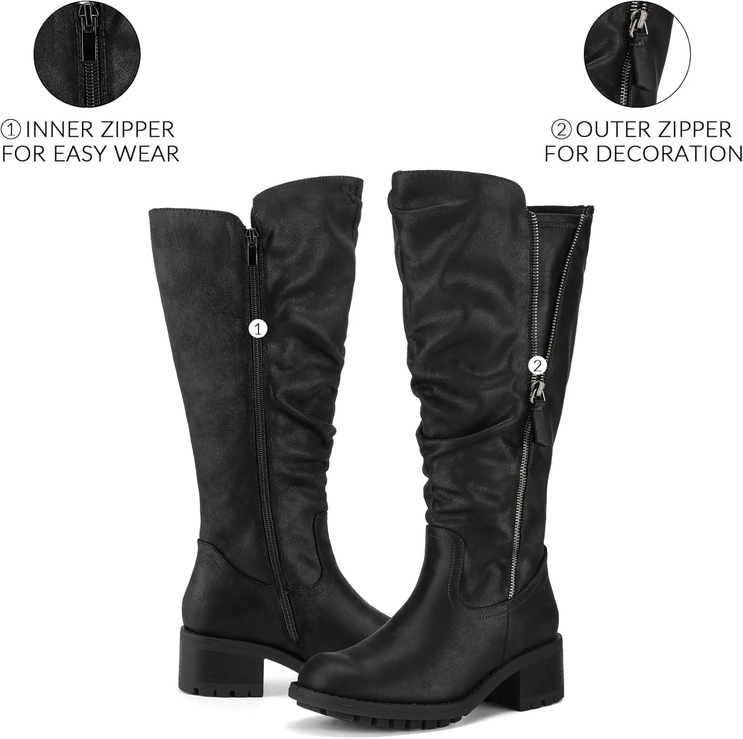 mysoft Women's Knee High Boots Side Zipper Lug Sole 2 Inch Stacked Chunky Heel Boots