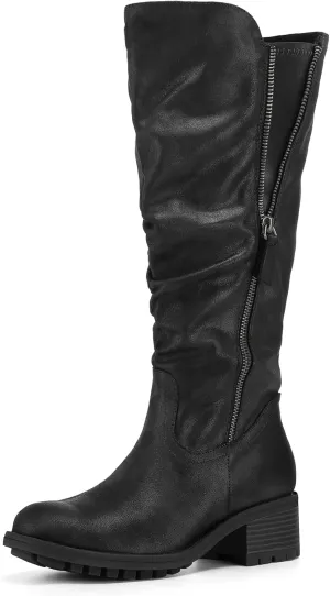 mysoft Women's Knee High Boots Side Zipper Lug Sole 2 Inch Stacked Chunky Heel Boots