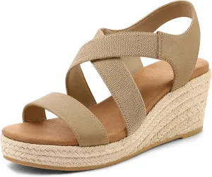 mysoft Women's Platform Espadrille Wedge Sandals Open Toe Elastic Ankle Strap Crisscross Slip on Summer Shoes