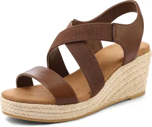 mysoft Women's Platform Espadrille Wedge Sandals Open Toe Elastic Ankle Strap Crisscross Slip on Summer Shoes