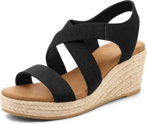 mysoft Women's Platform Espadrille Wedge Sandals Open Toe Elastic Ankle Strap Crisscross Slip on Summer Shoes