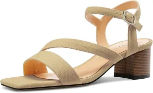 NobleOnly Womens Mid Block Heel Open Toe Ankle Strap Buckle Sandals Casual Office Dress Denim Summer Shoes 2.0 Inches Heels