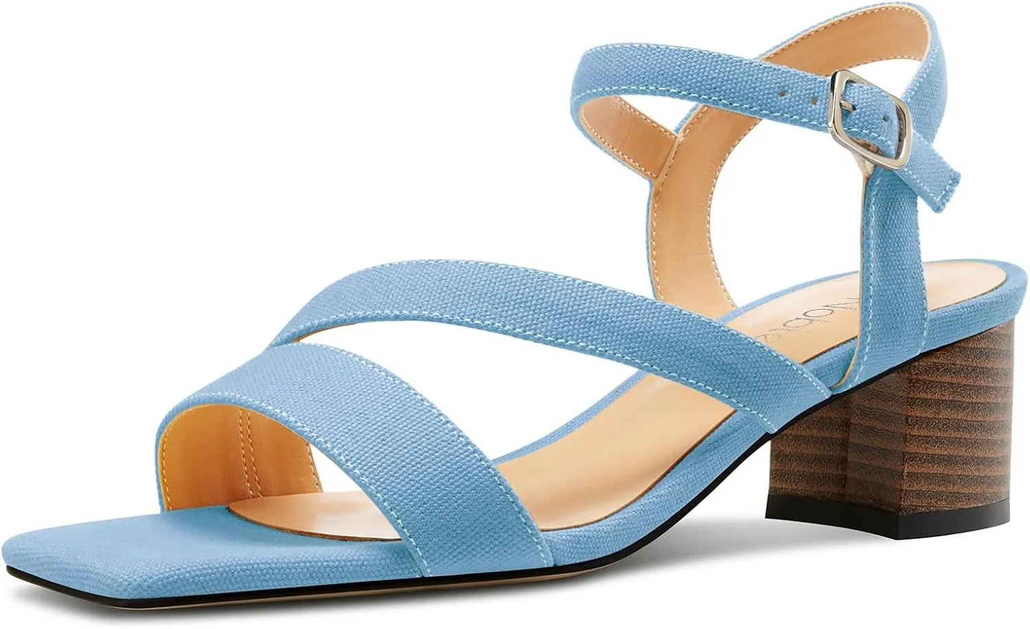 NobleOnly Womens Mid Block Heel Open Toe Ankle Strap Buckle Sandals Casual Office Dress Denim Summer Shoes 2.0 Inches Heels