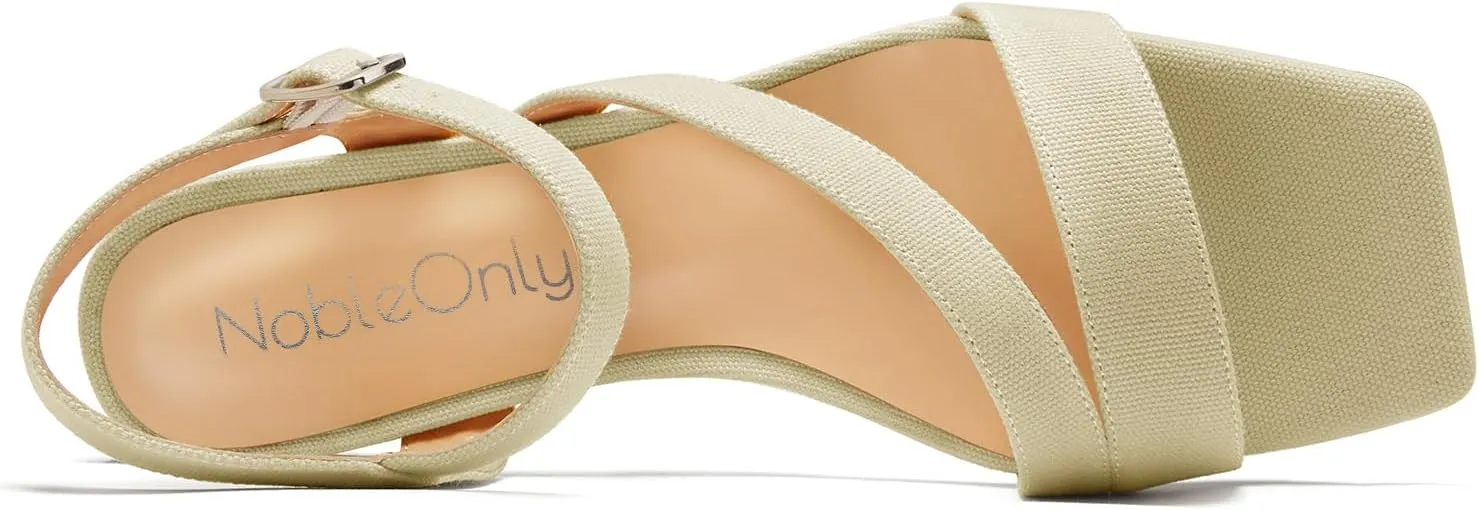 NobleOnly Womens Mid Block Heel Open Toe Ankle Strap Buckle Sandals Casual Office Dress Denim Summer Shoes 2.0 Inches Heels