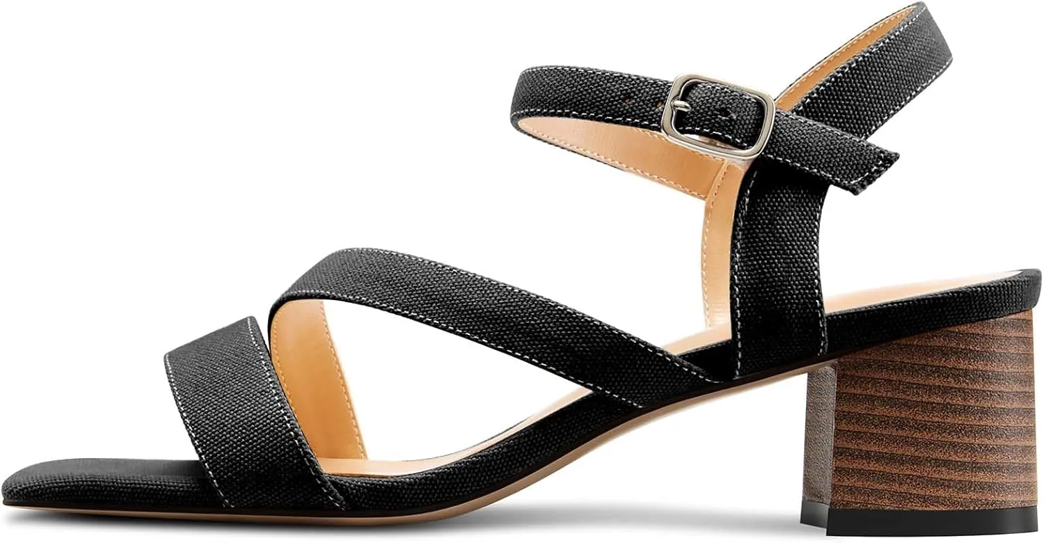 NobleOnly Womens Mid Block Heel Open Toe Ankle Strap Buckle Sandals Casual Office Dress Denim Summer Shoes 2.0 Inches Heels