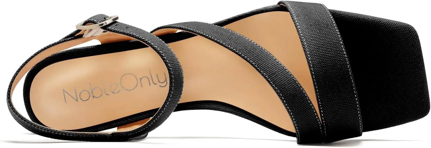 NobleOnly Womens Mid Block Heel Open Toe Ankle Strap Buckle Sandals Casual Office Dress Denim Summer Shoes 2.0 Inches Heels