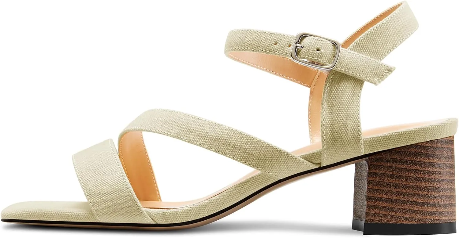 NobleOnly Womens Mid Block Heel Open Toe Ankle Strap Buckle Sandals Casual Office Dress Denim Summer Shoes 2.0 Inches Heels