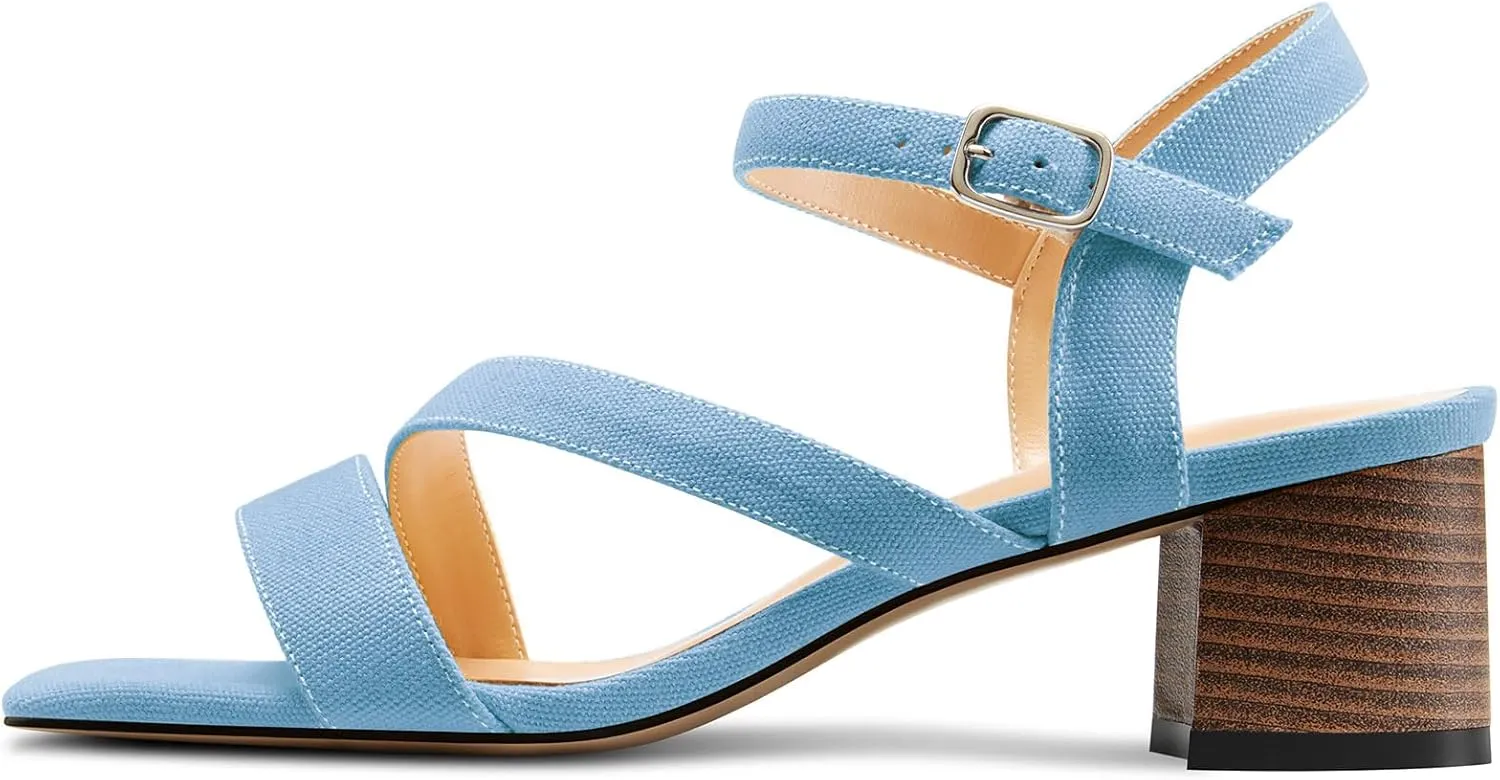 NobleOnly Womens Mid Block Heel Open Toe Ankle Strap Buckle Sandals Casual Office Dress Denim Summer Shoes 2.0 Inches Heels
