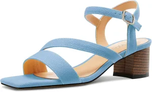 NobleOnly Womens Mid Block Heel Open Toe Ankle Strap Buckle Sandals Casual Office Dress Denim Summer Shoes 2.0 Inches Heels