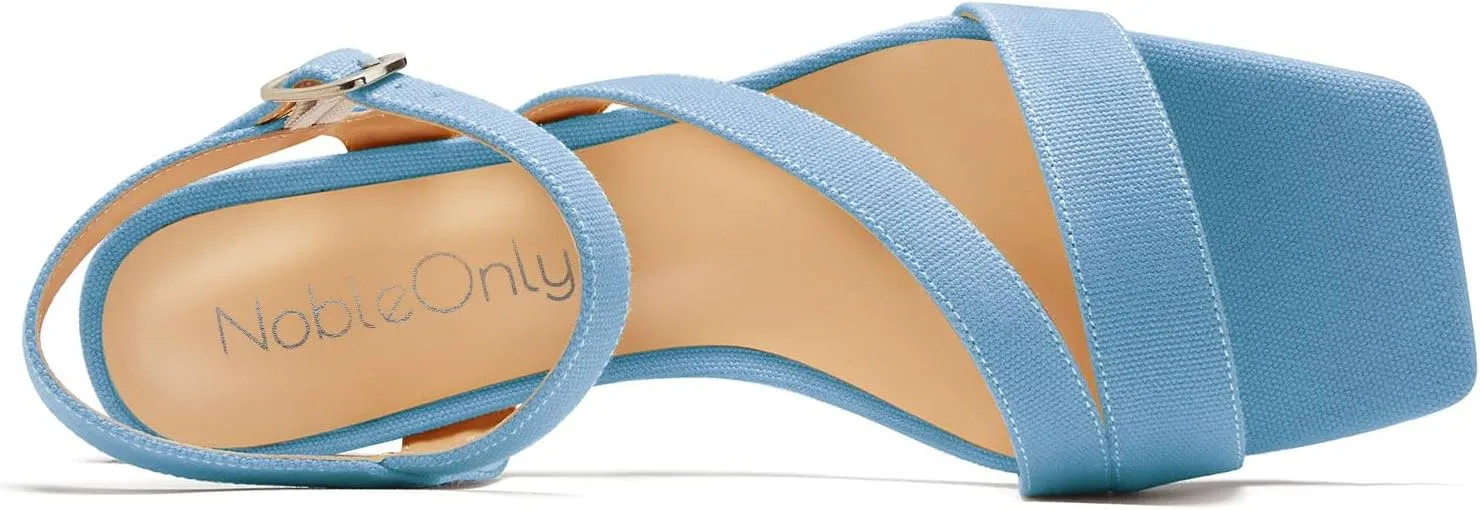 NobleOnly Womens Mid Block Heel Open Toe Ankle Strap Buckle Sandals Casual Office Dress Denim Summer Shoes 2.0 Inches Heels
