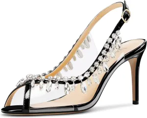 NobleOnly Womens Mid Heel Peep Open Toe Slingback Sandals Rhinestone Crystal Prom Party Sexy Summer Shoes 3.2 Inches Heels