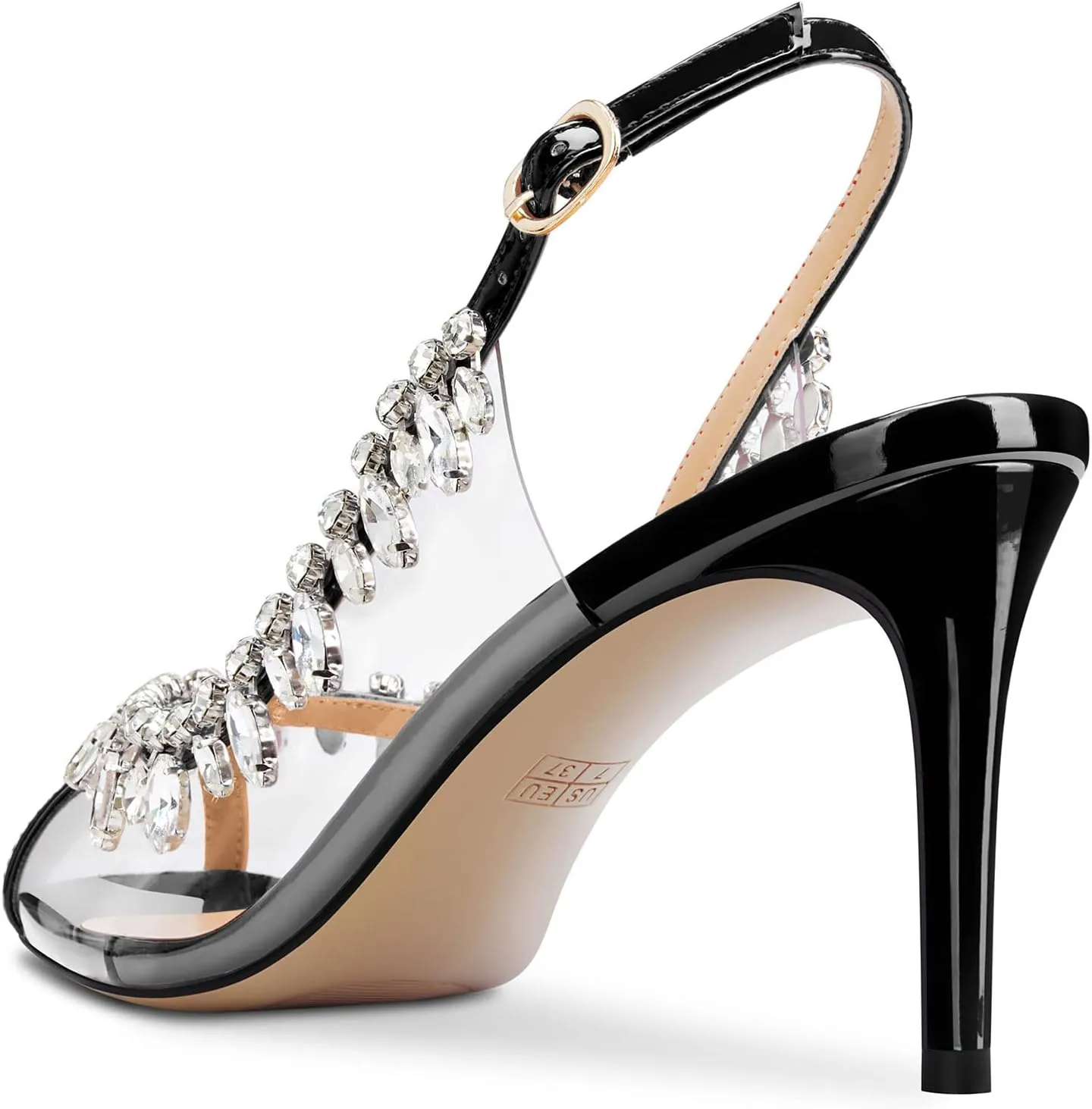 NobleOnly Womens Mid Heel Peep Open Toe Slingback Sandals Rhinestone Crystal Prom Party Sexy Summer Shoes 3.2 Inches Heels