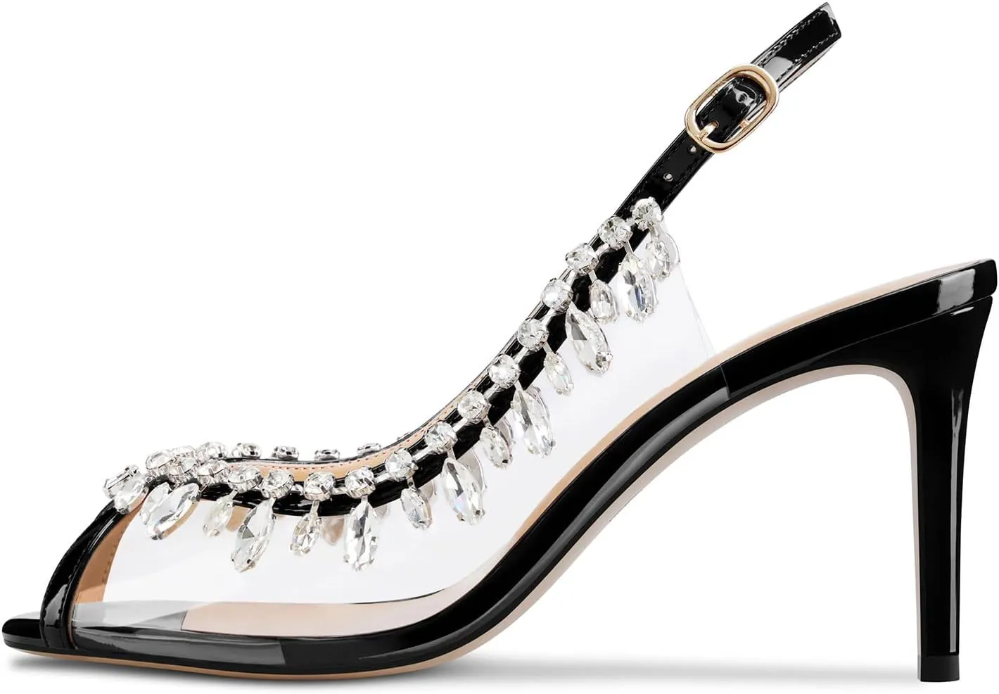 NobleOnly Womens Mid Heel Peep Open Toe Slingback Sandals Rhinestone Crystal Prom Party Sexy Summer Shoes 3.2 Inches Heels