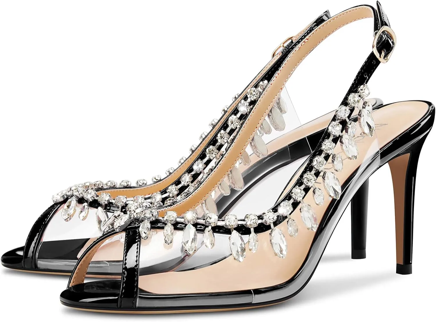 NobleOnly Womens Mid Heel Peep Open Toe Slingback Sandals Rhinestone Crystal Prom Party Sexy Summer Shoes 3.2 Inches Heels