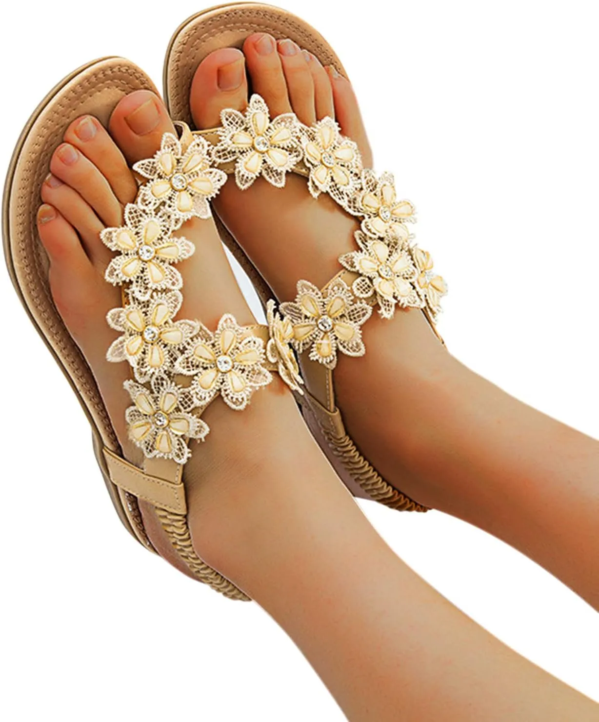 Non Slip Flat Bottom Sandals for Women Bohemian Pearl Crystal Cool Shoes Rhinestone Decorative Sandals