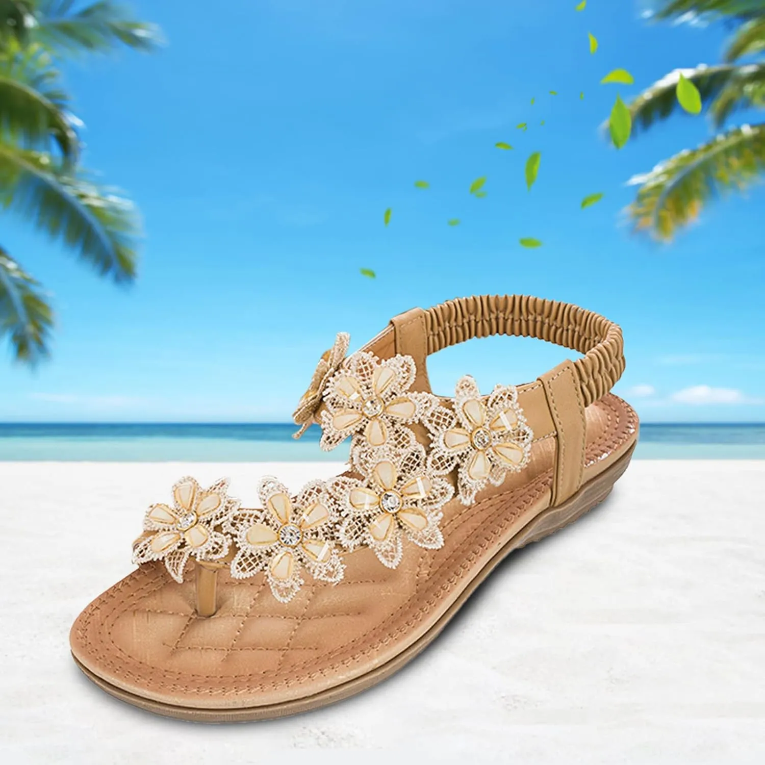 Non Slip Flat Bottom Sandals for Women Bohemian Pearl Crystal Cool Shoes Rhinestone Decorative Sandals