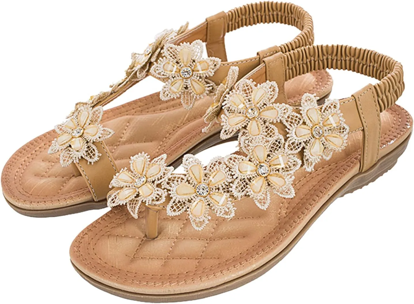 Non Slip Flat Bottom Sandals for Women Bohemian Pearl Crystal Cool Shoes Rhinestone Decorative Sandals