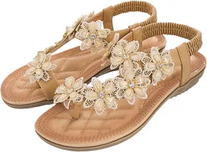 Non Slip Flat Bottom Sandals for Women Bohemian Pearl Crystal Cool Shoes Rhinestone Decorative Sandals