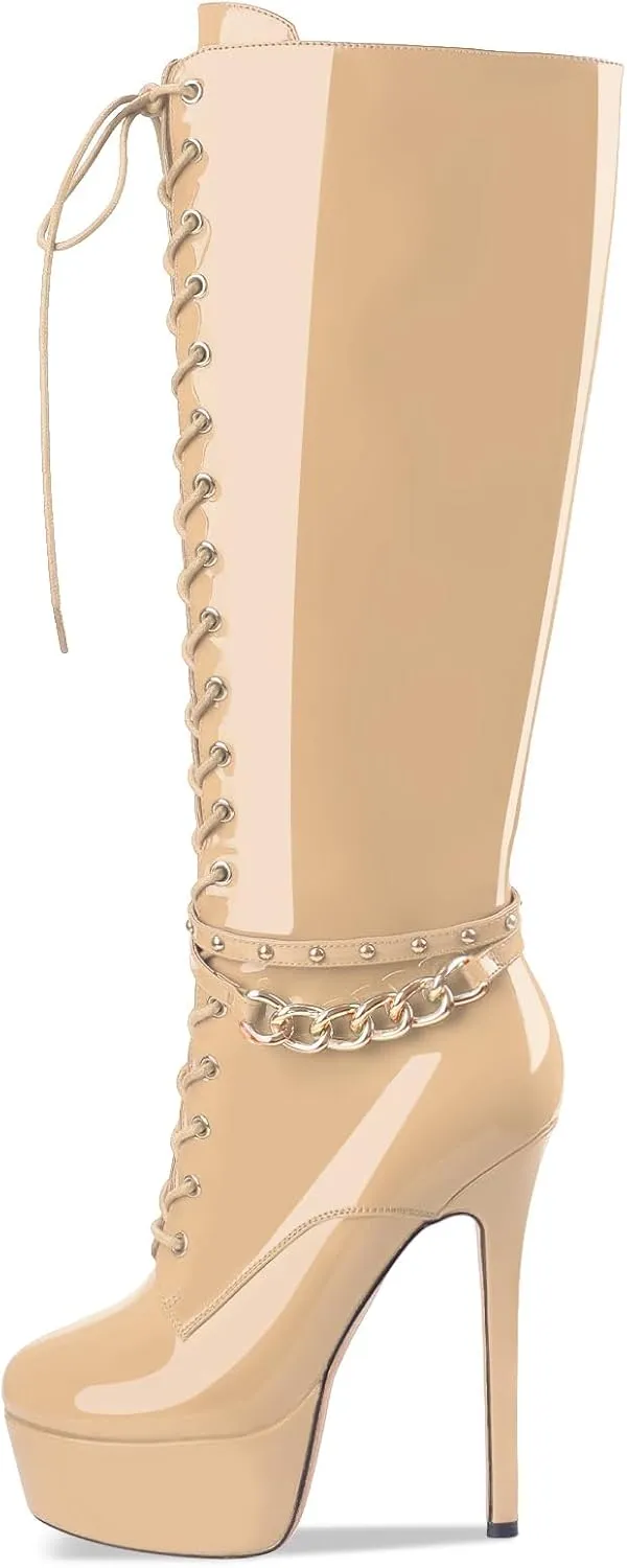Oh Mispares Platform Knee High Boots Stiletto High Heels Round Closed Toe Lace up Patent Leather Tall Boots for Women 6 inch Studs Long Boots with Gold Chain