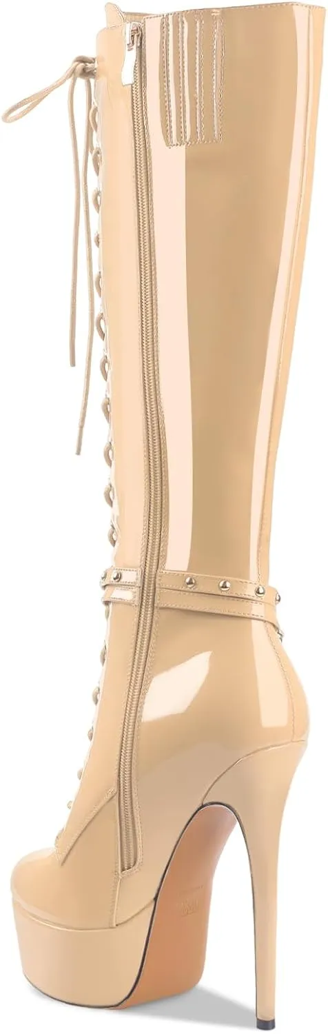 Oh Mispares Platform Knee High Boots Stiletto High Heels Round Closed Toe Lace up Patent Leather Tall Boots for Women 6 inch Studs Long Boots with Gold Chain