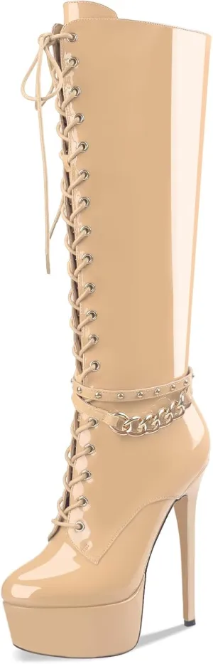 Oh Mispares Platform Knee High Boots Stiletto High Heels Round Closed Toe Lace up Patent Leather Tall Boots for Women 6 inch Studs Long Boots with Gold Chain