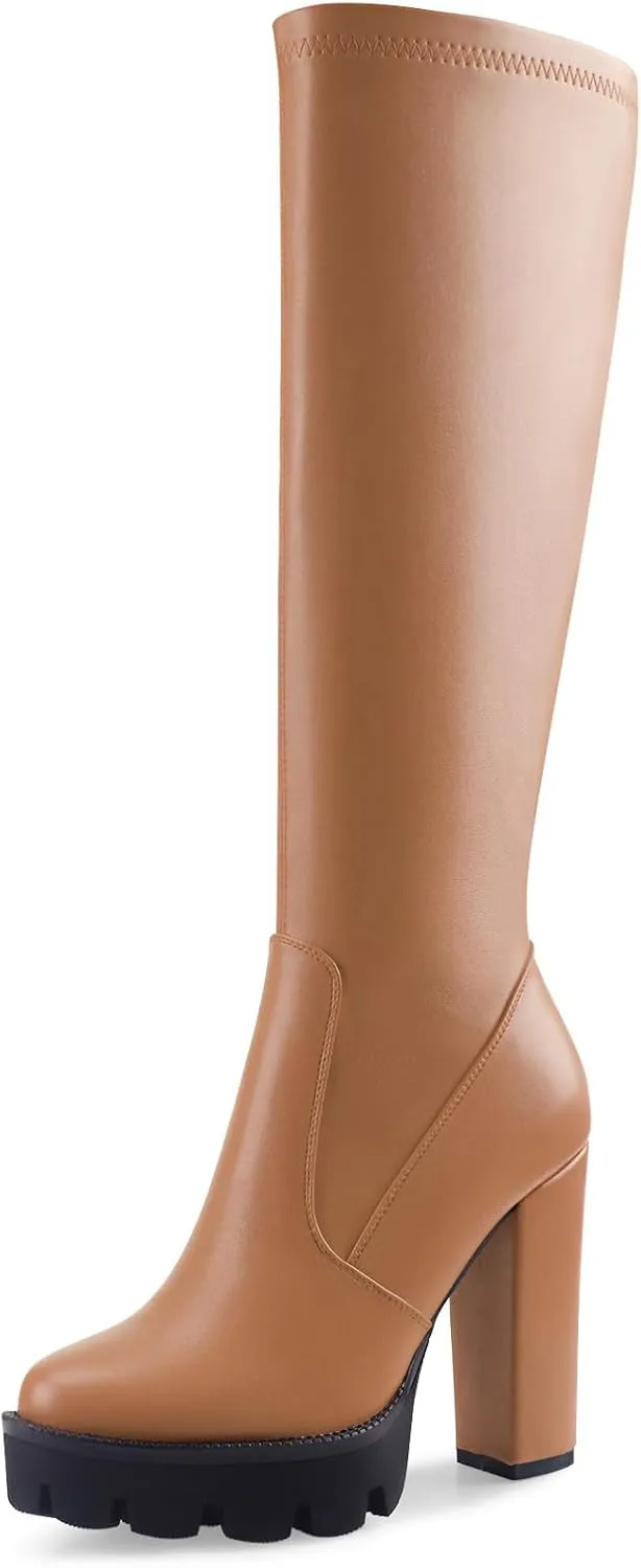 Oh Mispares Women’s Block High Heeled Knee-High Boots Zip Up Tall Boots for Women Round Toe Thick Sole Comfortable Fall Winter Booties with Chunky Heel