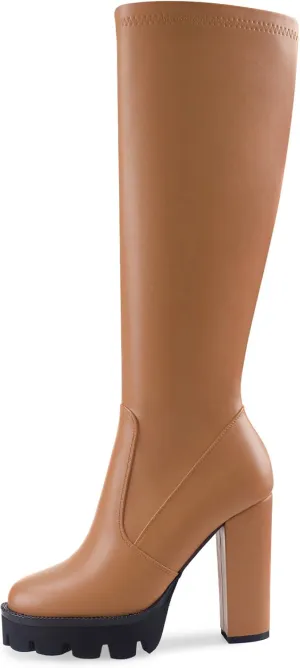 Oh Mispares Women’s Block High Heeled Knee-High Boots Zip Up Tall Boots for Women Round Toe Thick Sole Comfortable Fall Winter Booties with Chunky Heel