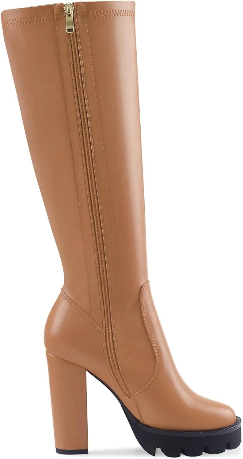 Oh Mispares Women’s Block High Heeled Knee-High Boots Zip Up Tall Boots for Women Round Toe Thick Sole Comfortable Fall Winter Booties with Chunky Heel