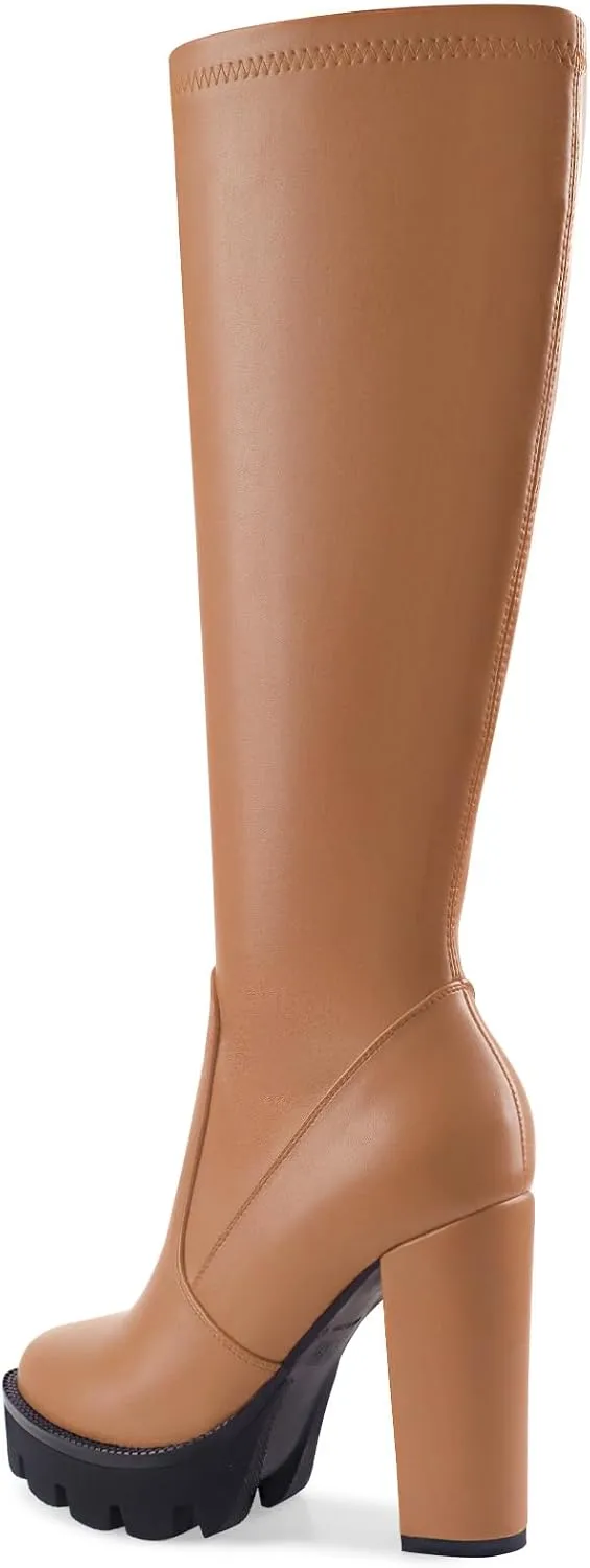 Oh Mispares Women’s Block High Heeled Knee-High Boots Zip Up Tall Boots for Women Round Toe Thick Sole Comfortable Fall Winter Booties with Chunky Heel