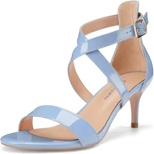 Oh Mispares Women’s Heeled Sandals Round Open Toe Mid Stiletto Heel Adjustable Crossover Straps Buckle Patent Leather Summer Dress Shoes Wedding Party Prom