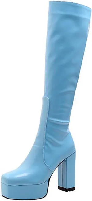 oiangi Over the Knee Boots for Women - Fashion Solid Square Toe Side Zipper Chunky Thick High Heel Platform Long Boots Fall Comfortable Casual Shoes