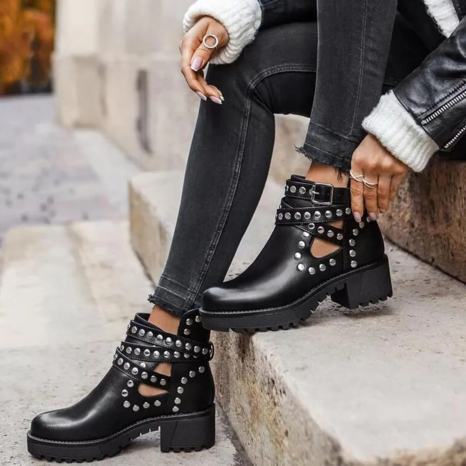 oiangi Women Shoes Fashion Rivets Slope Heel Mid Heel Zipper Buckle Leather Low Boots Comfortable Casual Summer Hollow Thick Heel Sandals