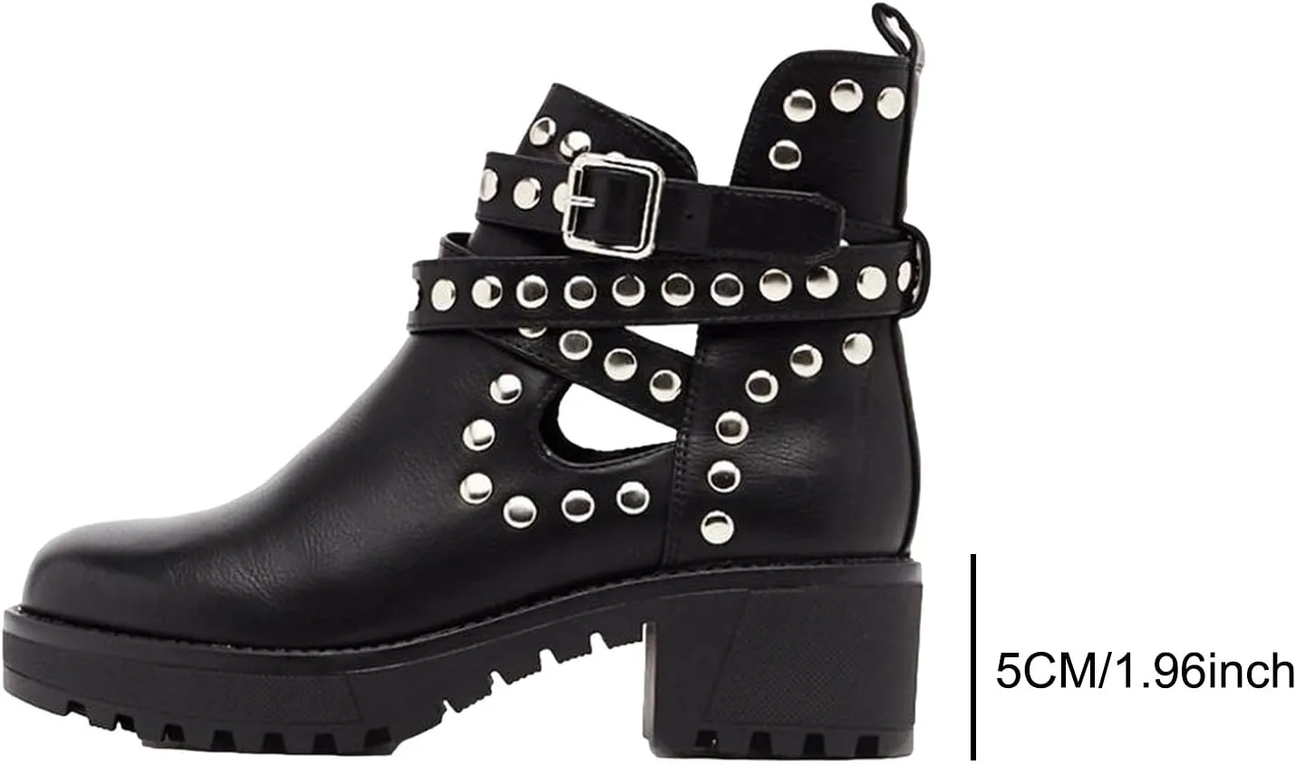 oiangi Women Shoes Fashion Rivets Slope Heel Mid Heel Zipper Buckle Leather Low Boots Comfortable Casual Summer Hollow Thick Heel Sandals
