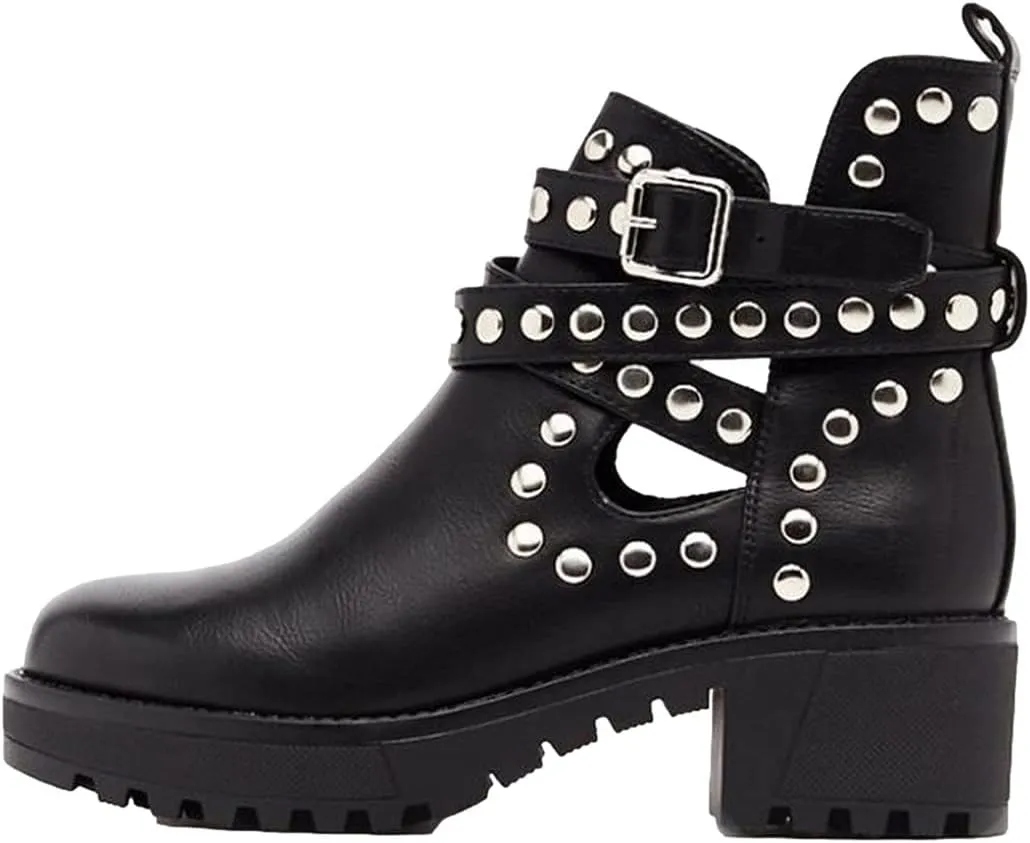 oiangi Women Shoes Fashion Rivets Slope Heel Mid Heel Zipper Buckle Leather Low Boots Comfortable Casual Summer Hollow Thick Heel Sandals